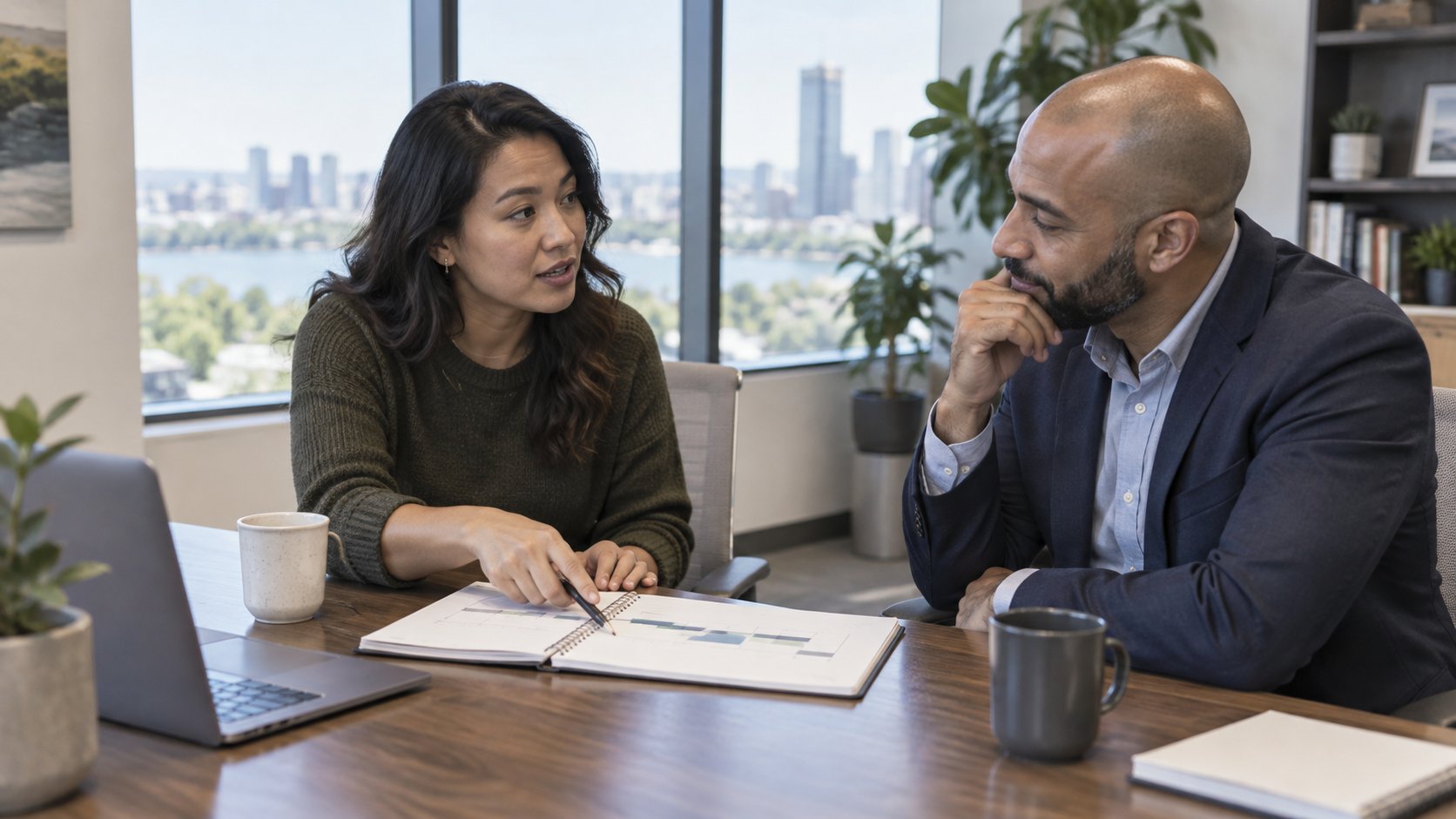 Employee and manager discussing a project timeline at an office table