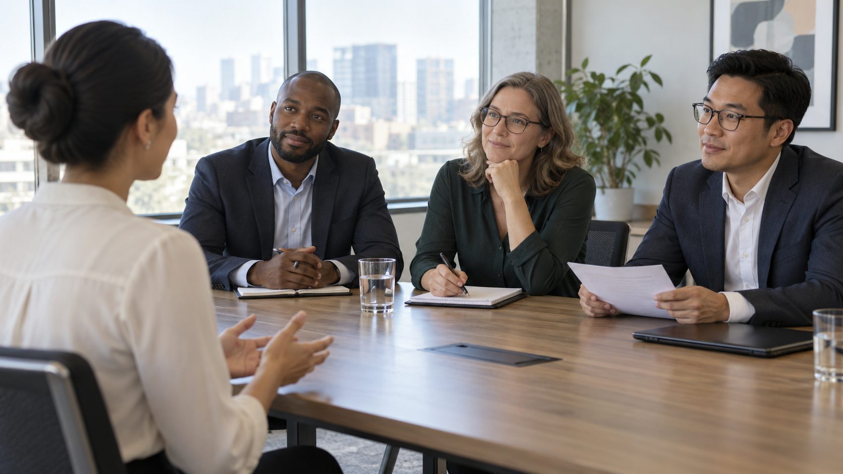 Candidate speaking to three interviewers in a conference room