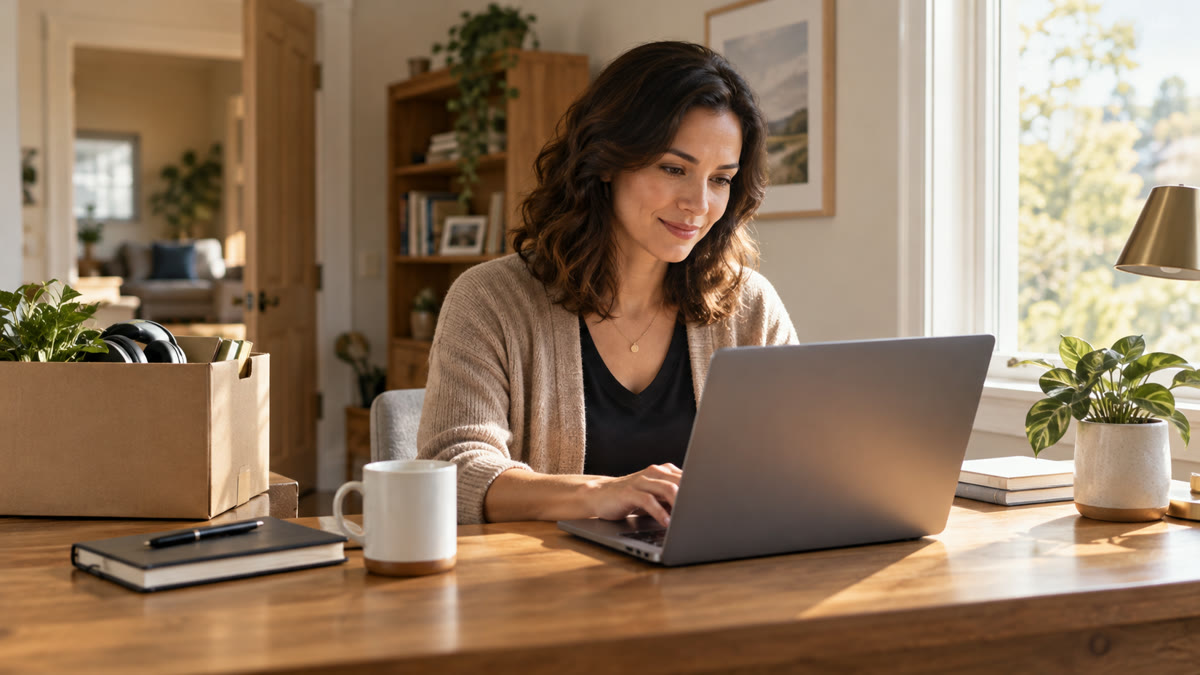 Professional composing a respectful resignation email at home